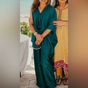 Teal Satin Kaftan with Pearl Trim